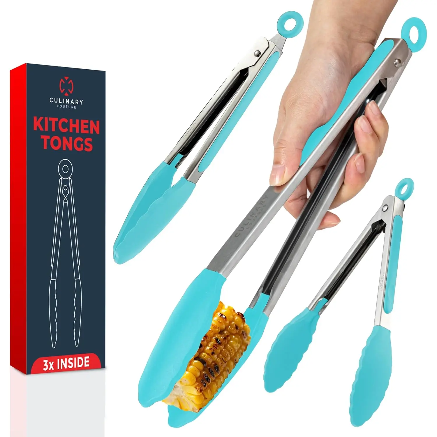 Silicone Kitchen Tongs for Cooking with Silicone Tips, Heat Resistant Tongs for Serving Food, 7-Inch, 9-Inch, 12-Inch Locking Tongs, Set of 3 Salad Tongs, Aqua Sky Kitchen Utensils Culinary Couture