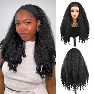Auvzy Headband Wig 24 Inch Afro Curly Wigs for Black Women Braided Hair Texture with Unique Bouncy Curls Glueless Half Wig with Elastic Ice Silk Headband Deep Wavy Wigs