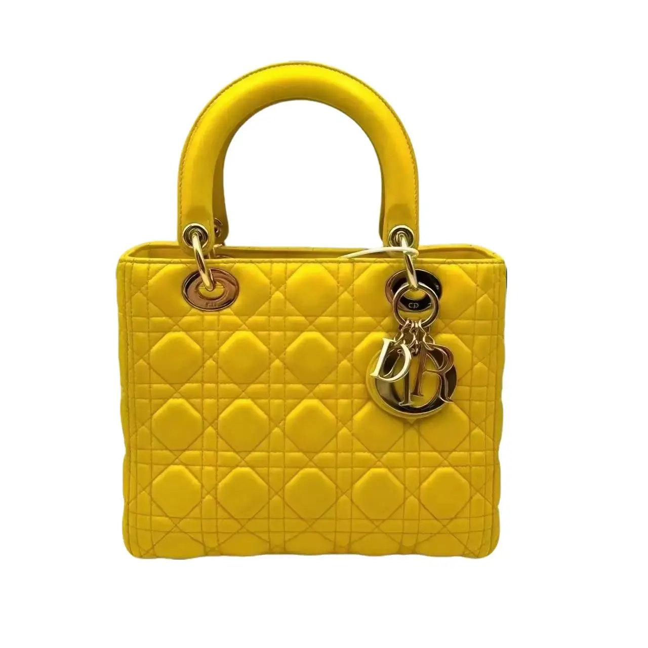 Pre-owned Dior hz9 Dior, Yellow/Gold, Lambskin, 5 Grid Medium Size, Lady Dior, Handbag/Crossbody 71829