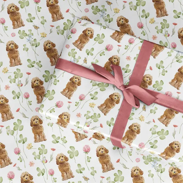 Cockapoo Wrapping Paper Roll: Watercolor Dog & Clover Dog Wrapping Paper