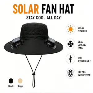 Solar-Powered USB-Rechargeable Cooling Double-Fan Wide-Brim Waterproof Hats, Summer UV-Protection Breathable Headwear for Fishing, Gardening, Outdoor Work (Black, Beige)