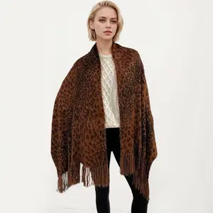 2024 FW New Arrival 100% Acrylic Brown Leopard Print Brushed Fabric Scarf with Tassels - Also Available in Black, Dark Brown, and Purple