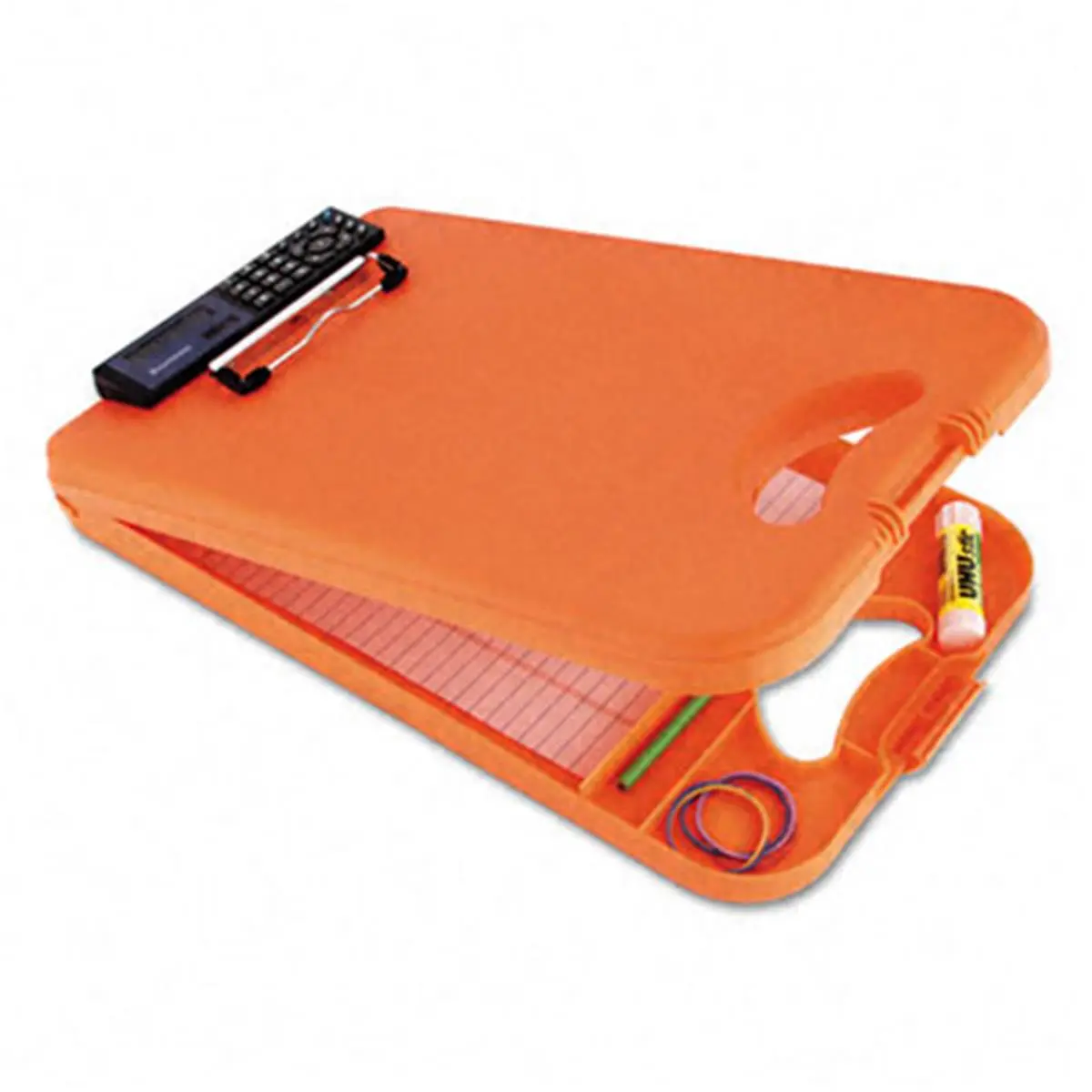 Saunders DeskMate II Office Storage Clipboard - Orange, Letter Size, 10" W, 16" H, Polypropylene Plastic Construction, Built-In Calculator, Easy-to-Read LCD Screen, Low Profile, Large Internal Storage Compartment, Integrated Rubber Grip Pads