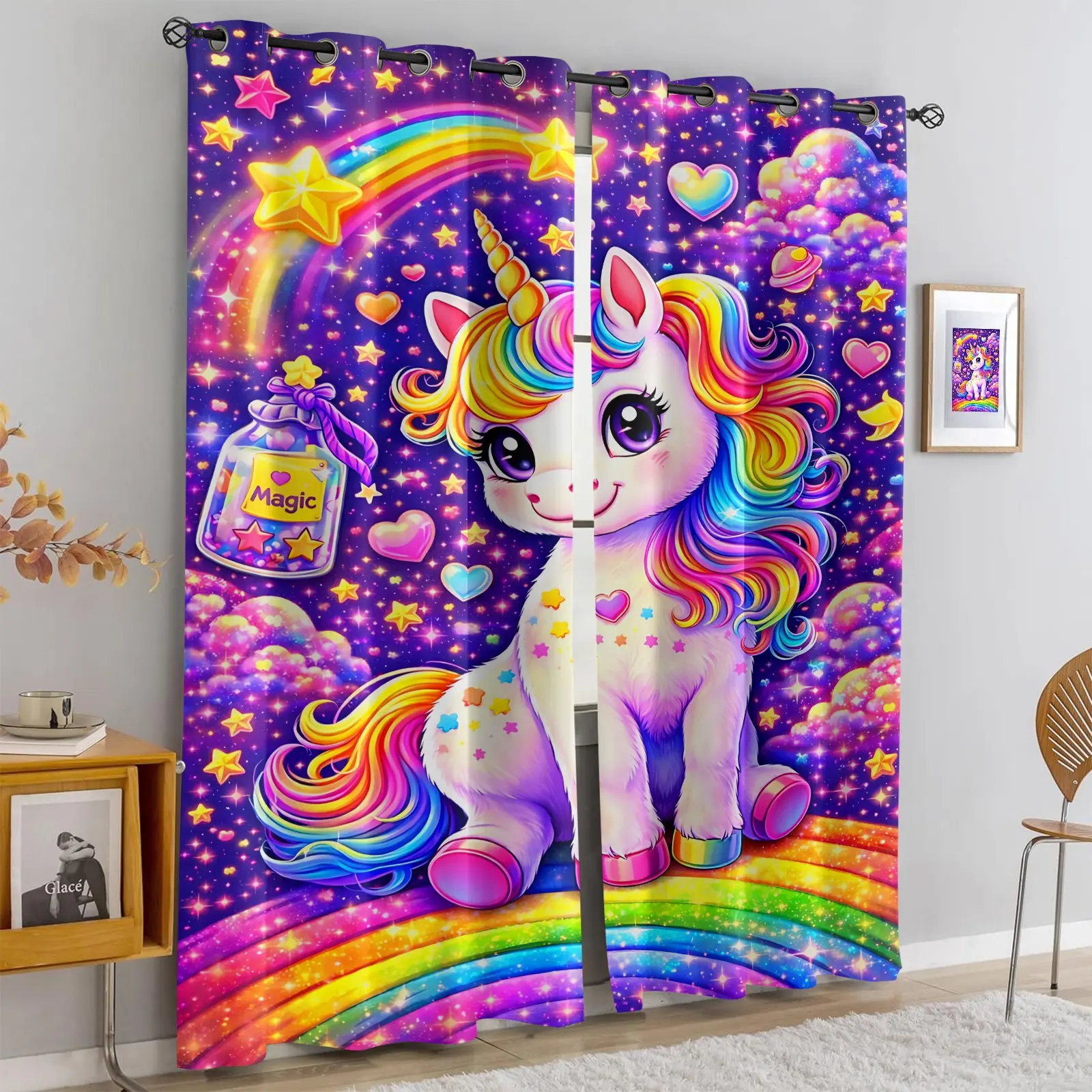 2 Pieces of Curtains Vibrant Kawaii Unicorn Fantasy Curtains, Featuring Magical Rainbow Mane, Glossy Stars, and Dreamy Night Sky Design, Soft Polyester Fabric, Perfect Decorative Drapes for Kids' Bedroom and Nursery, Easy to Hang.