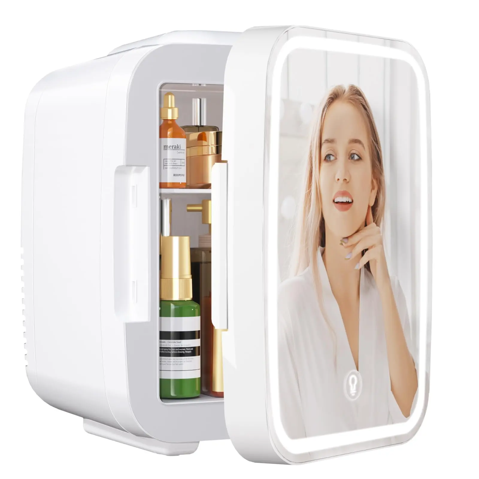 YASHE Skincare Fridge Mini Fridge for Bedroom with Dimmable LED Mirror 4Liter/6 Cans Cooler and Warmer Mini Fridge  for Makeup Cosmetic Beauty Portable Refrigerator for Bedroom Vanity Office and Car White ,pink, Compact, skin care Brightness Light summerv