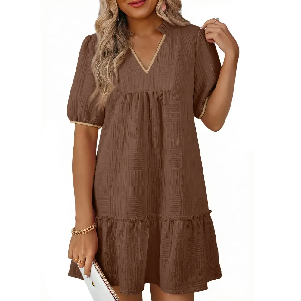 Dokotoo Summer Dresses for Women Casual V Neck Puff Short Sleeve Ruffled Solid Cute Babydoll Mini Dress with Pockets