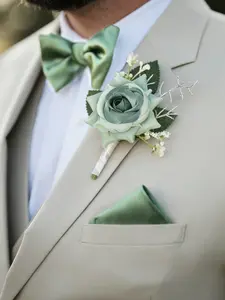 3pcs Sage Wedding Boutonniere Set for Men, Bow Tie & Pocket Square, Matching Groom and Groomsmen Accessories, Fall Vintage Rustic Style