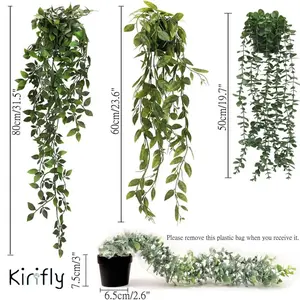 Artificial Green Plants, Plastic Eucalyptus Vines, Eucalyptus Leaves & Datura, Hanging Potted Fake Greenery for Indoor Decoration,You'll receive exactly 3 pcs