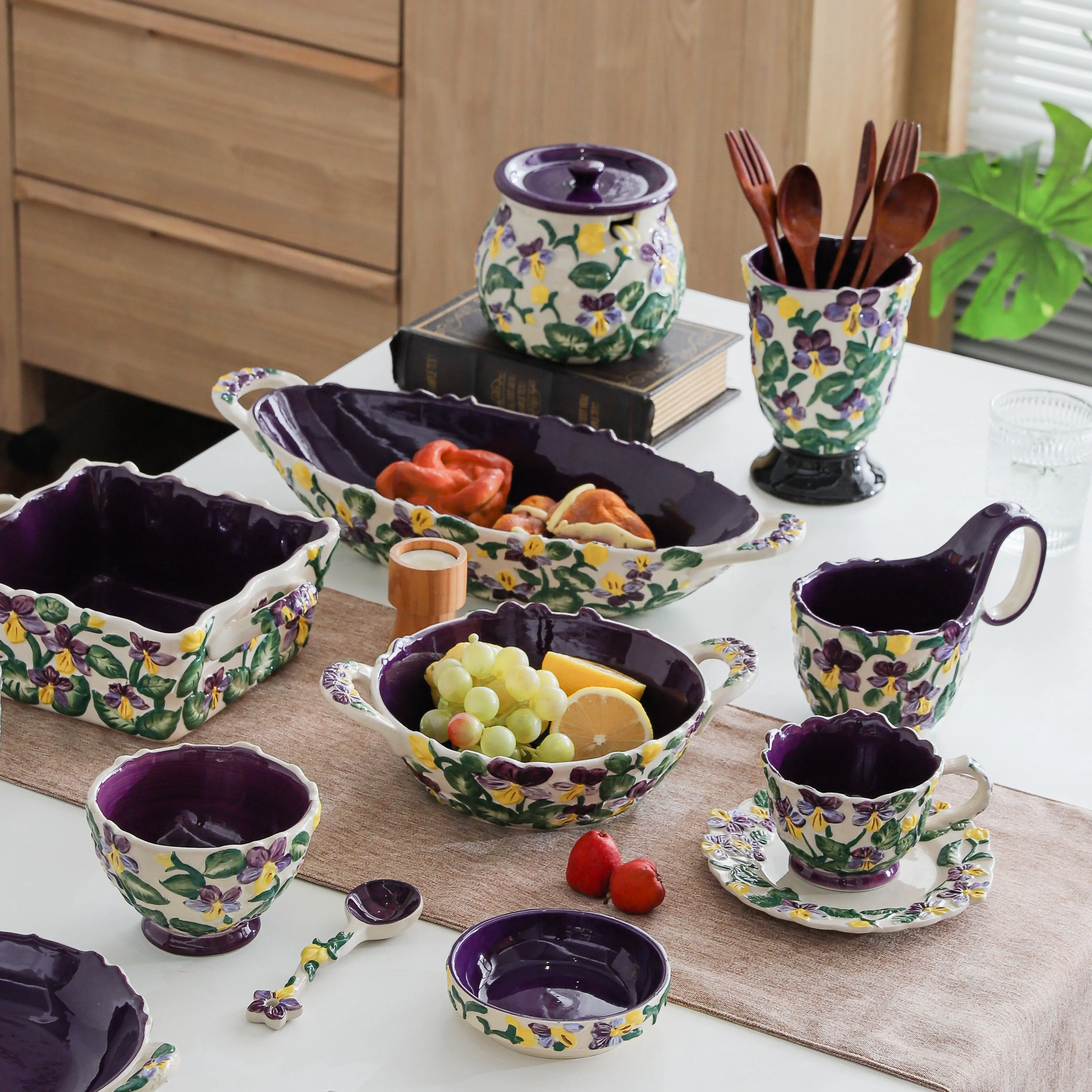 HongDian Purple Iris Floral Tableware Series,Optional Curved Handle Cup Plate Bowl,Embossed Hand Painted Craft,Premium Porcelain,Purple,SGS Tested Underglaze Color,Microwave Dishwasher Oven Sterilizer Safe,Tea Time Dessert Serving Gift Decor