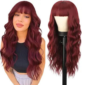 DealsForYouDays AISI HAIR 26-Inch Soft Wine Red Wavy Synthetic Machine Wig with Natural Bangs, Heat-Resistant Fiber Wig for Beginners & Daily Party Use, Synthetic Machine Wigs Red Bob Wig
