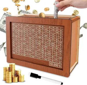 [Challenge] Cash Vault Wooden Money Saving Box, Cash Savings Box for 10000 2000 Money Saving Challenge,Piggy Money Bank for Adult Money Savings with Money Target and Numbers, with Dry Erase Pen
