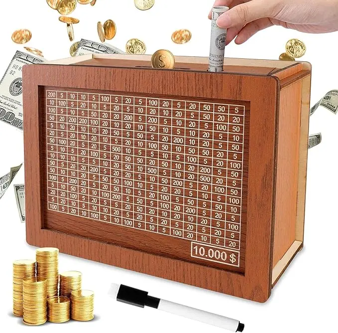 [Challenge] Cash Vault Wooden Money Saving Box, Cash Savings Box for 10000 2000 Money Saving Challenge,Piggy Money Bank for Adult Money Savings with Money Target and Numbers, with Dry Erase Pen