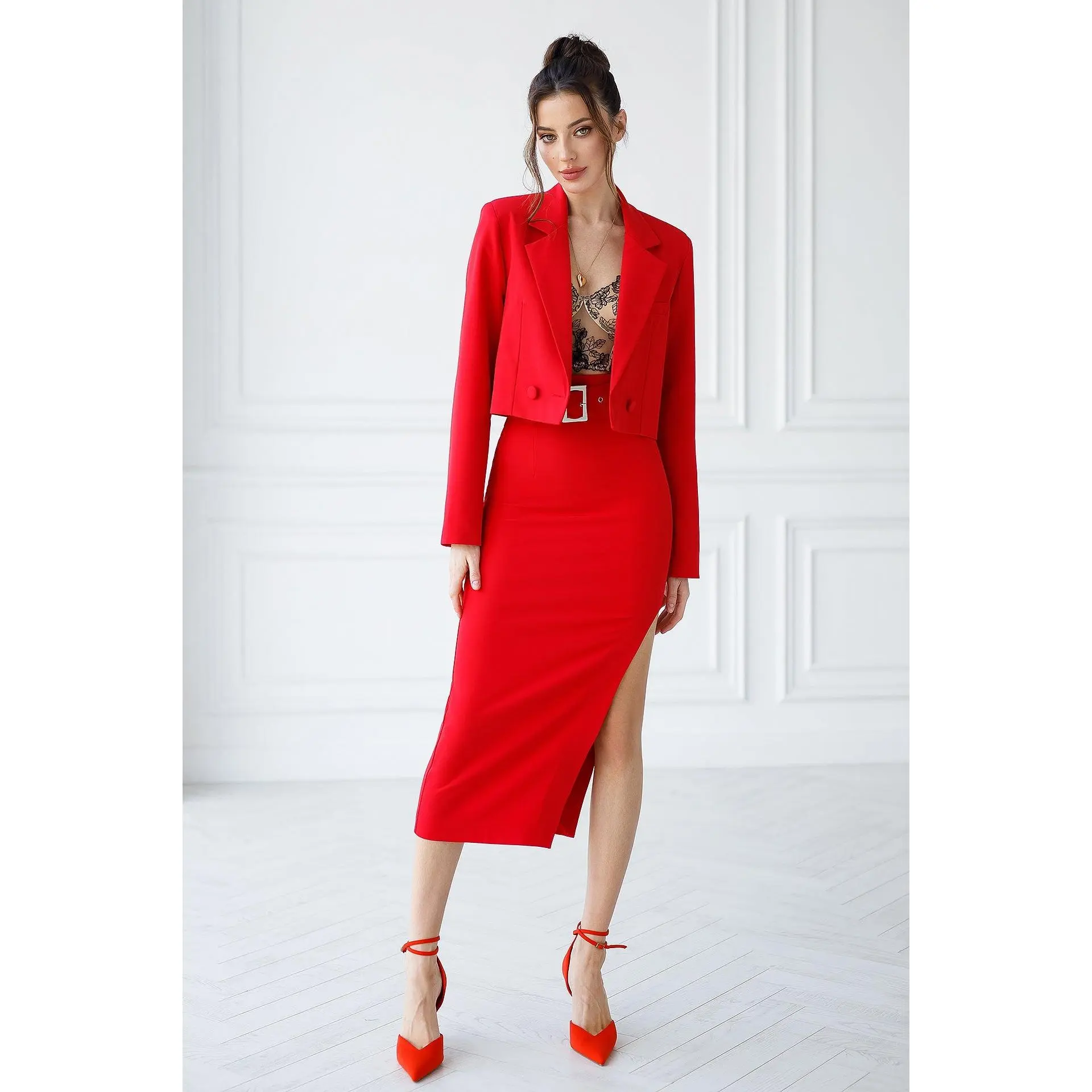 Red Crop Jacket Skirt Suit 2-Piece