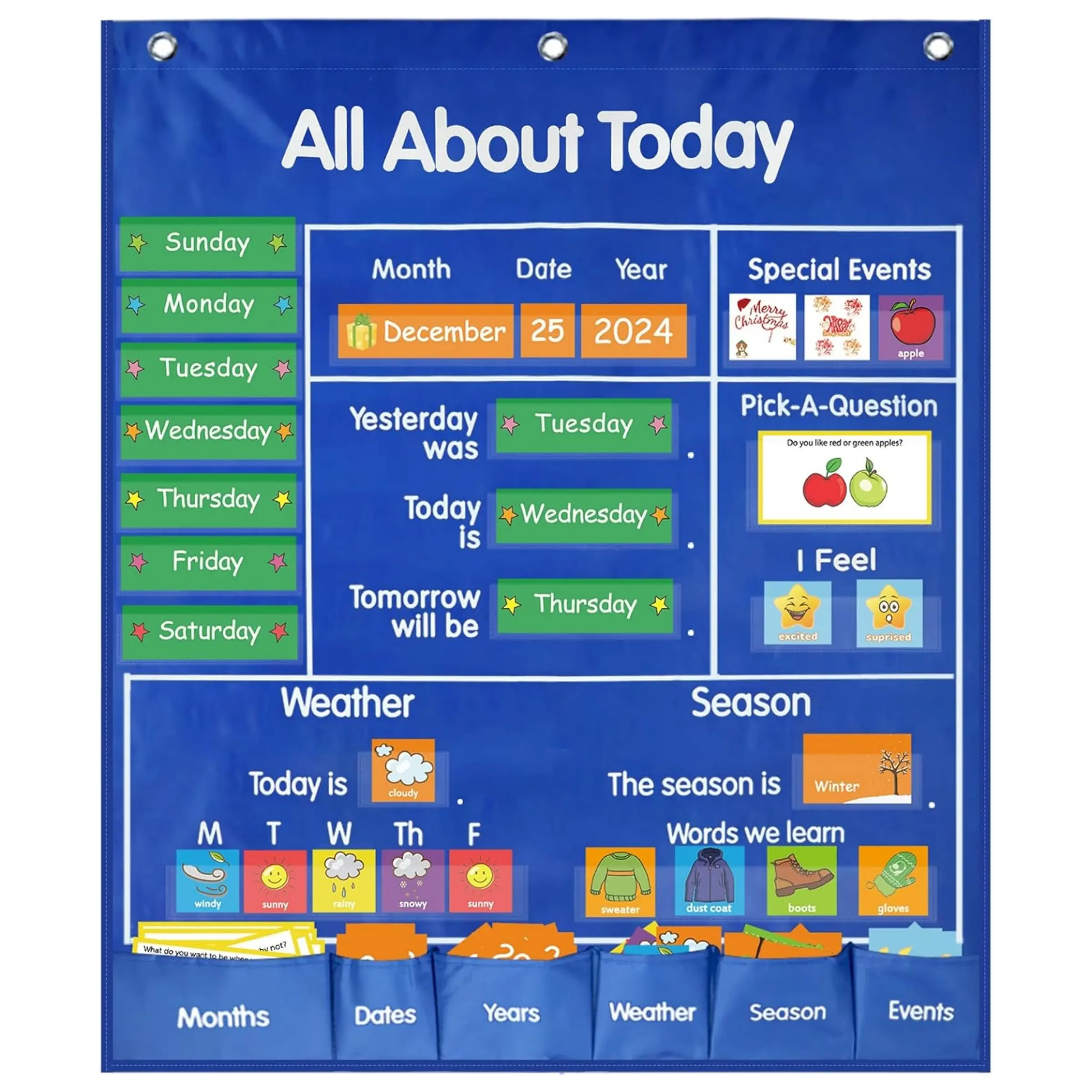 Today's All-Activities Hanging Pocket Chart - 190 Cards, Blue Theme - Circle Time Learning Center, Preschool Calendar & Weather Chart - Autism Resource for Home & Classroom, Classroom Decor, Teaching Supplies, Preschool Learning Materials