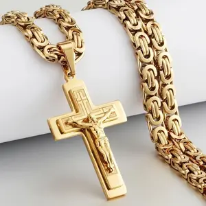 Men’s Stainless Steel Triple Cross Pendant Necklace with U-Shaped Flat Link Chain – Gold-Tone Religious Jewelry for Casual & Formal Wear