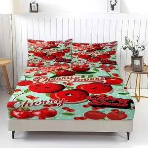 3Pcs Playful Cherry Print Fitted Sheet Set, Light Turquoise Background with Cute Cherries Bedding Set,  Cozy and Cheerful Bedding for Summer Vibes, Perfect for Kids and Cherry Lovers!Includes 2 pillowcases (pillow inserts not included).