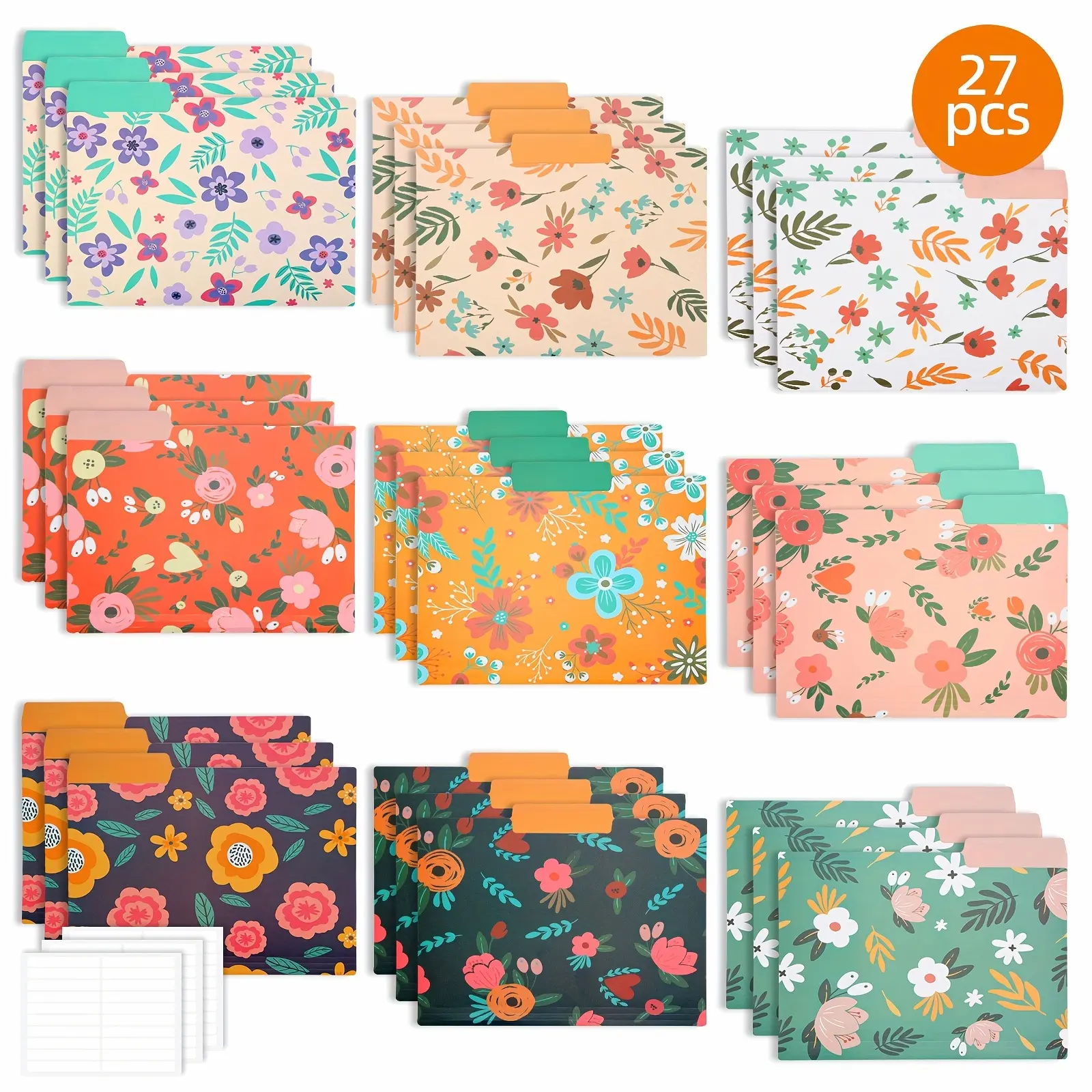 27pcs Folder Clearance Deal, Plastic 9-Color Floral Pattern Folders, Decorative Letter-Size Folders, Back-to-School Folders, Office School Teacher Supplies