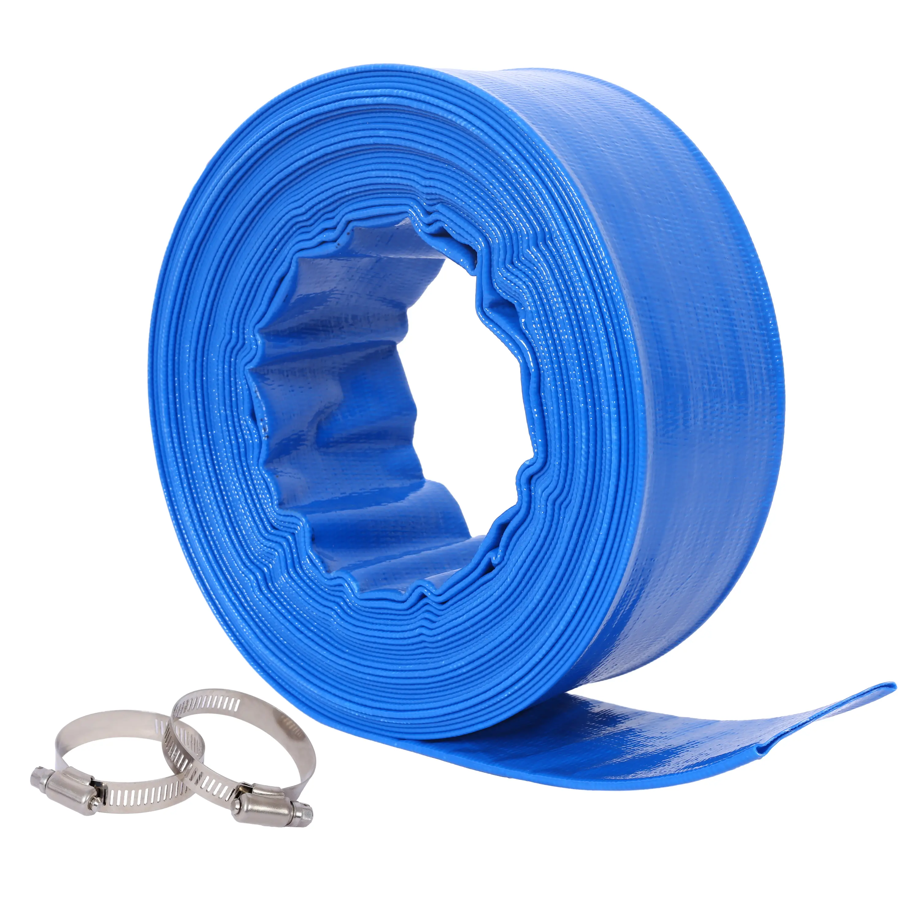 1.5 Inch Heavy Duty Blue Reinforced PVC Lay Flat Pool Backwash Hose, 90PSI Leak-Proof Water Discharge Hose with 2 Metal Clamps, All-Season Flexible Drainage Hose for Pool Filter Pump, Sewage, Agricultural & Construction Use