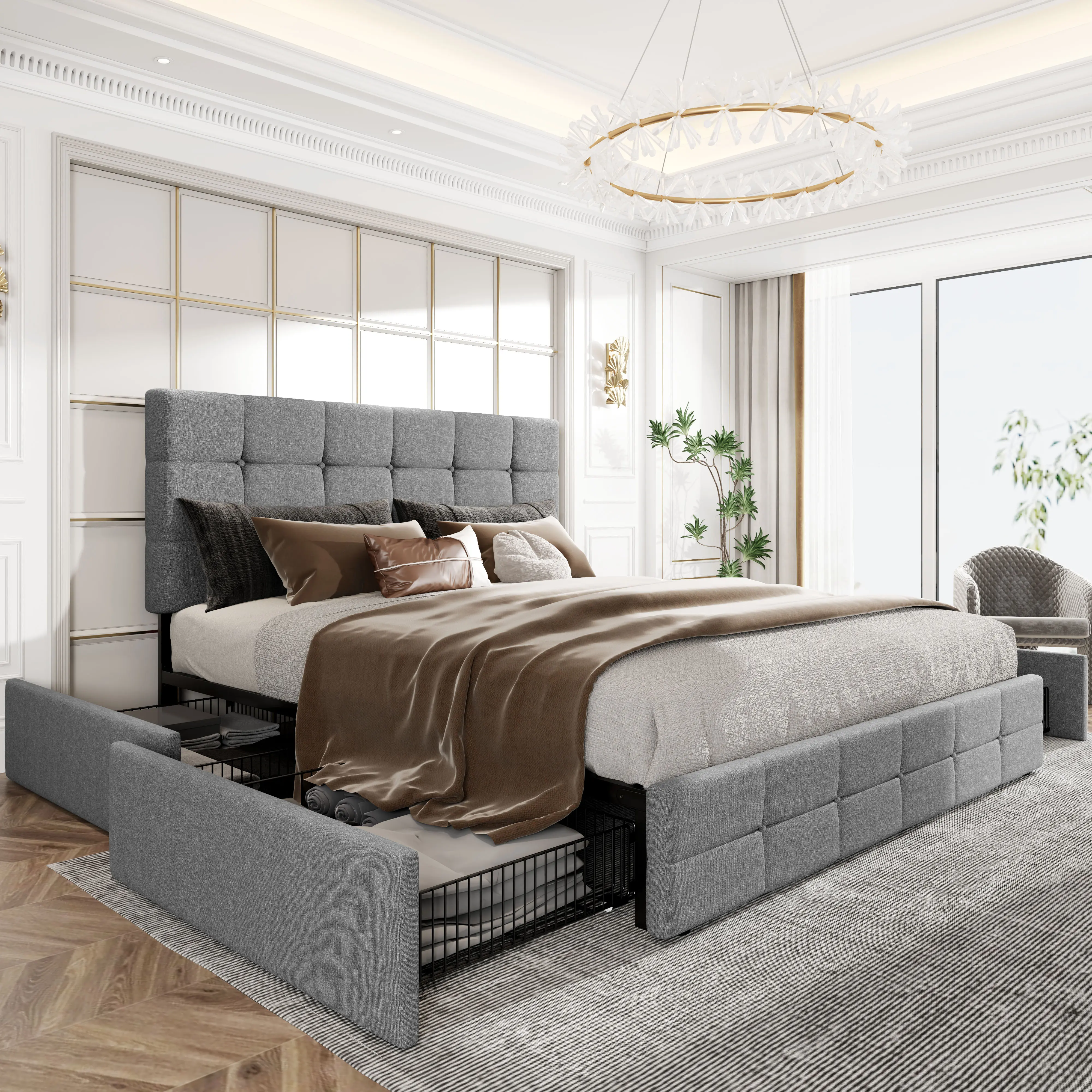 HOOMIC Platform Storage Bed Frame【Frame Only No Mattress】with 4 Drawers,adjustable Headboard with Square Stitched Button Tufted Design,Wooden Slats,Full/Queen/King,Light Grey/Dark Grey,No Box Spring Needed#SummerVibes