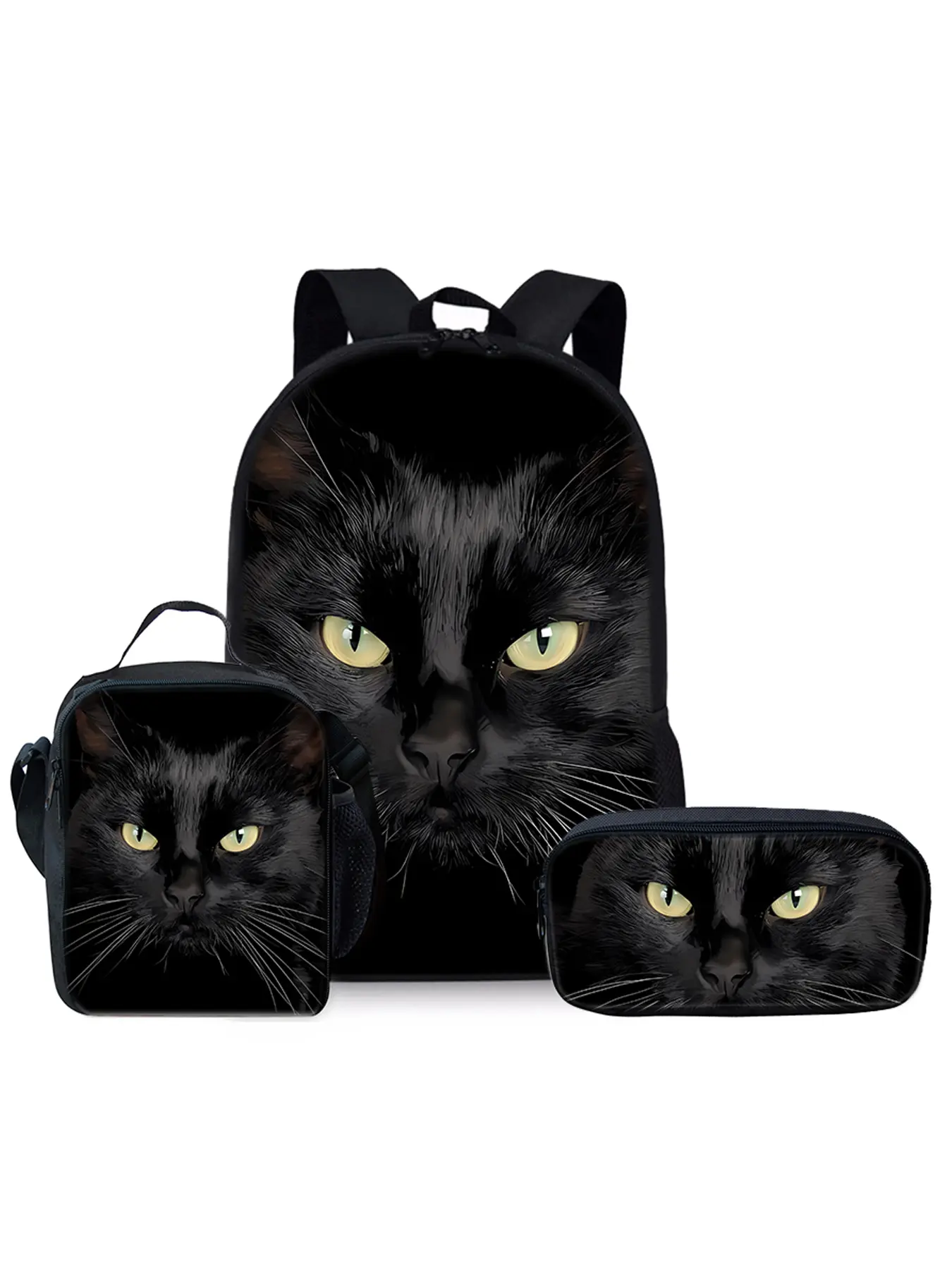 Black cat pattern printed 17-inch Cute Versatile backpack three-piece set (single-layer backpack + shoulder strap lunch bag + single-layer pencil bag)