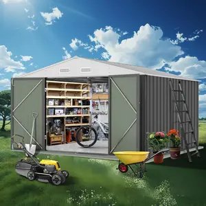 12x10 FT Grey Metal Storage Shed, Waterproof Steel with Updated Frame + Lockable Double Door, Large Outdoor Storage for Backyard & Garden, Galvanized Steel, Lockable Doors, Sloped Roof