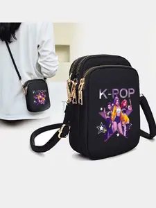Vibrant K-Pop Girl Group Cartoon Print Crossbody Bag, Zipper Small Shoulder Bag, Lightweight Casual Phone Pouch for Daily Use