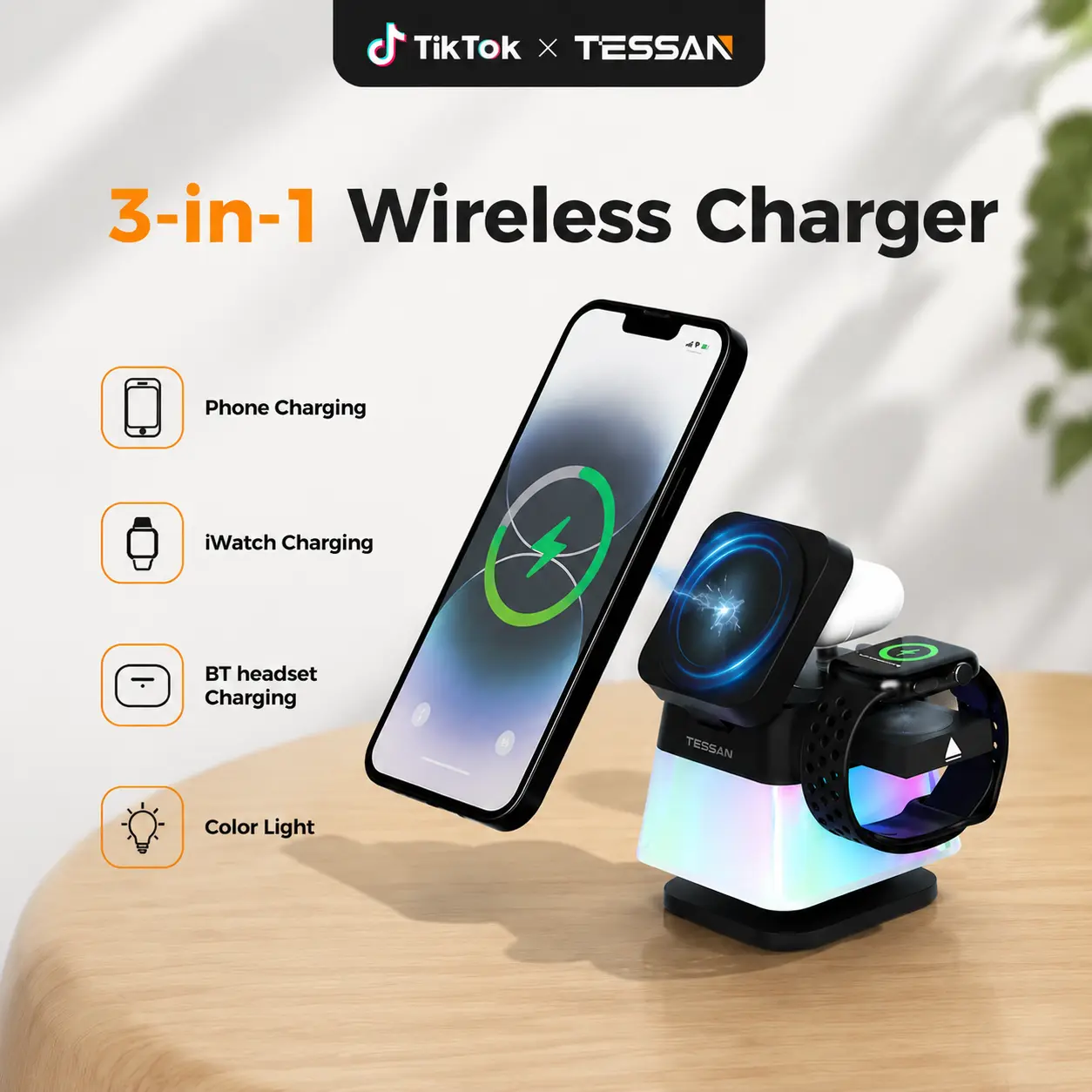 TESSAN 3 in 1 Wireless Charging Station for Apple, 15W Fast Magnetic Wireless Charger Stand with Light Modes & Foldable Design for iPhone 17/16/15/14/13/12 Pro Max, AirPods, Apple Watch