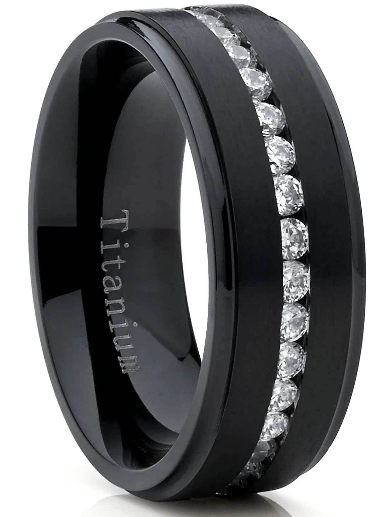 Men's 1.5ct Cubic Zirconia CZ Black Titanium Metal Eternity Wedding Band Ring - 8mm Comfort-Fit Jewelry, Men's Jewelry