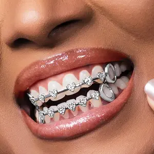 Hip-hop fashion gold teeth with heart-shaped full diamond zirconia braces, everyday personalized trendy rap accessory
