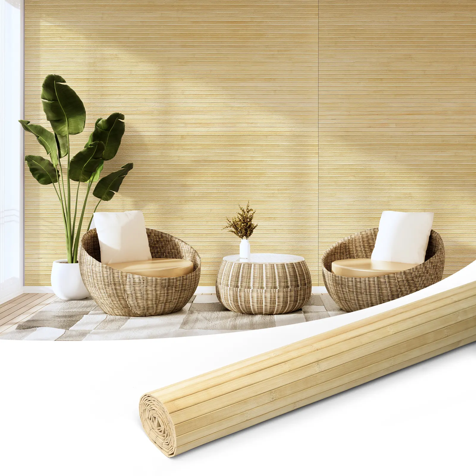 Art3d Eco-Friendly Flexible Natural Bamboo Decorative Wall Panel Roll - 48in x 96in, 32 Sq.ft Tropical Bamboo Style Renewable Pole Wrap for Bedroom, Restaurants, Home Improvement Building Supplies, Wall Panels Roll