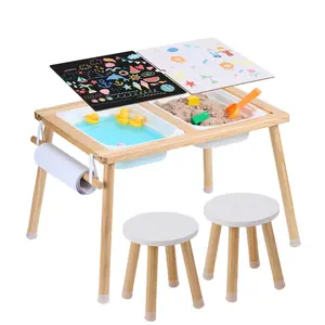 VEVOR Sensory Table and Chairs Set,  Toddlers Activity Table with 2 Stools, 2 Storage Bins & Paper Roll Holder, Indoor/Outdoor Play Sand and Water Table, Wooden Kids Sensory Table - Gift for Boys Girls