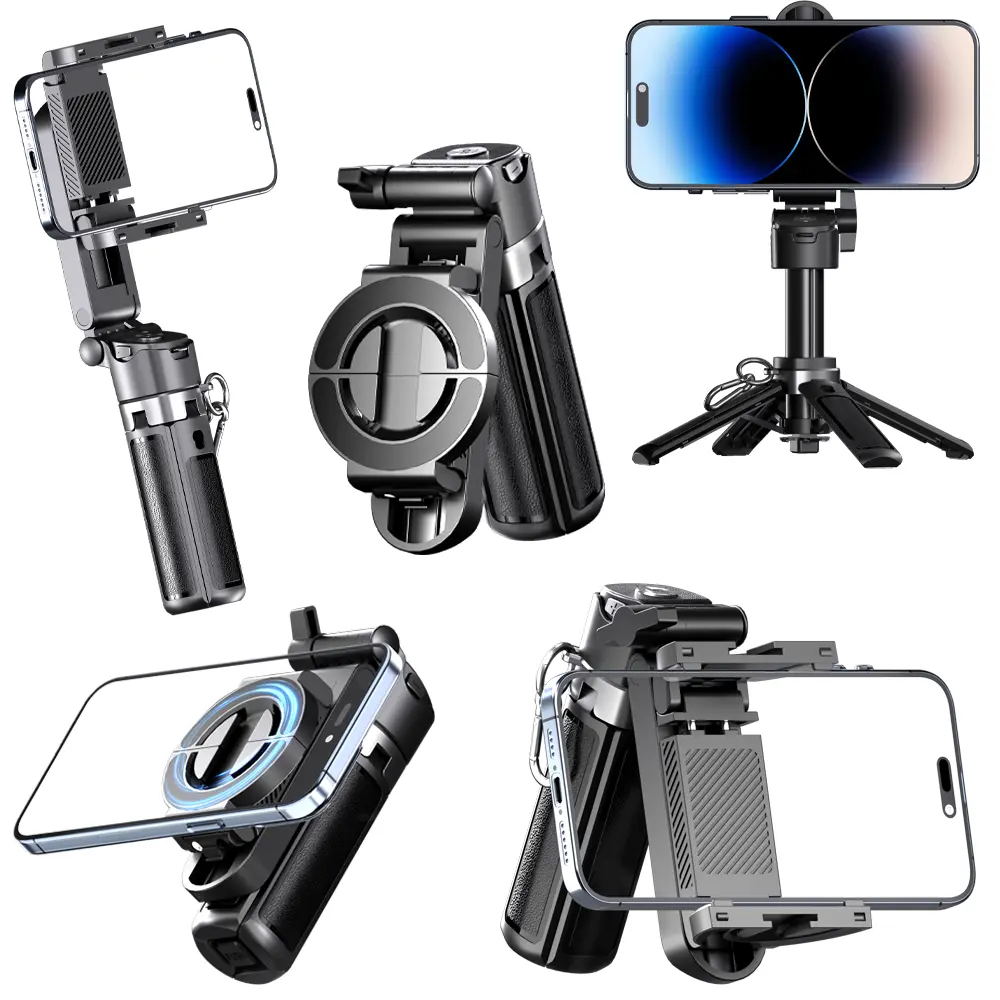 2026 New 2-in-1 Magnetic-Clamp Mini Selfie Stick (Standard Version+), 1 Pcs LED Light, 360° Rotatable Portable Anti-Shake Wireless Bluetooth Magnetic Phone Stand, Mobile Accessory for Selfies, Video Recording, Compatible with Most Cellphones