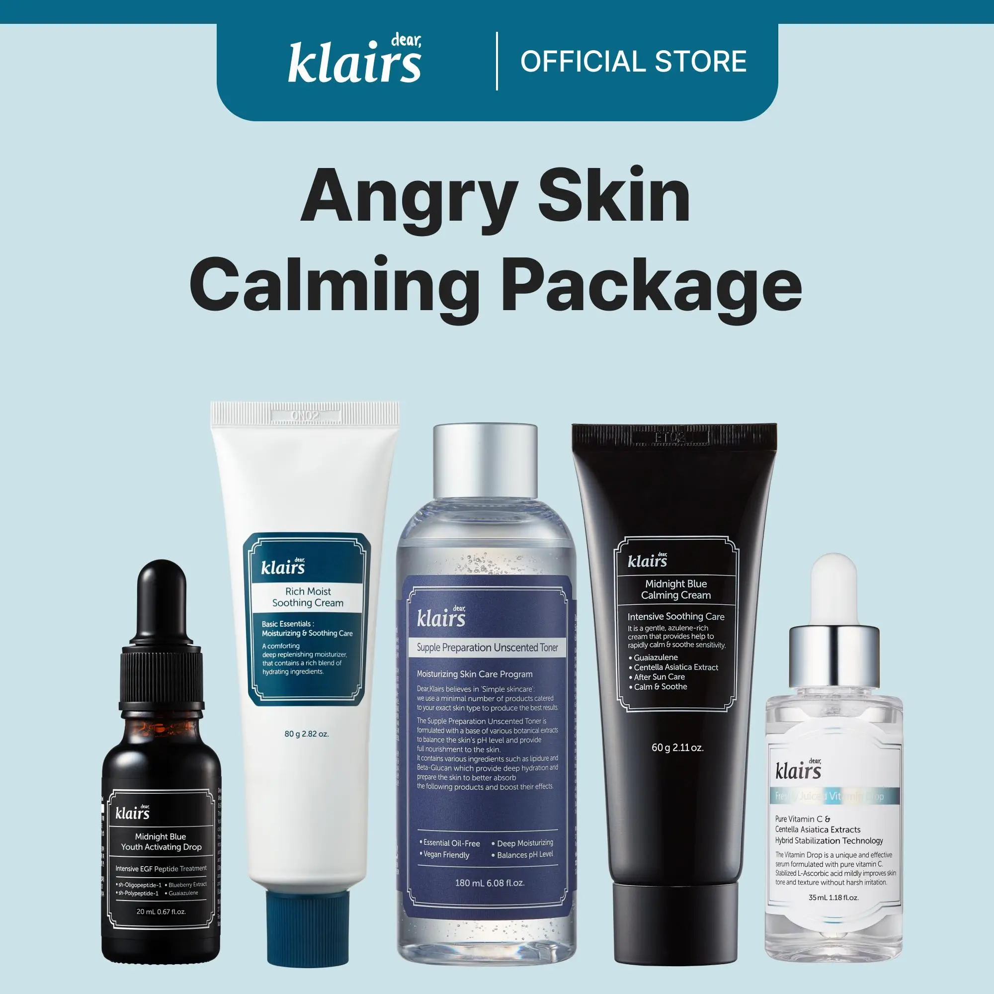 [Dear Klairs Official] Angry Skin Calming Package 5pc for Skin Repair - Skincare Comfort Kit Toner Hydration Centella Asiatica Barrier Support