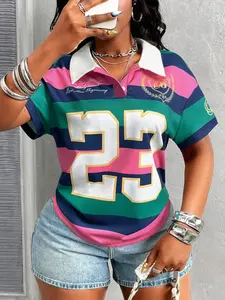 Sweet Cool Style Colorblock Striped Polo Shirt for Women, Casual Sporty Look, Number 23 Print, Slim Fit, Daily Wear, Street Fashion, Urban Trend, Streetwear