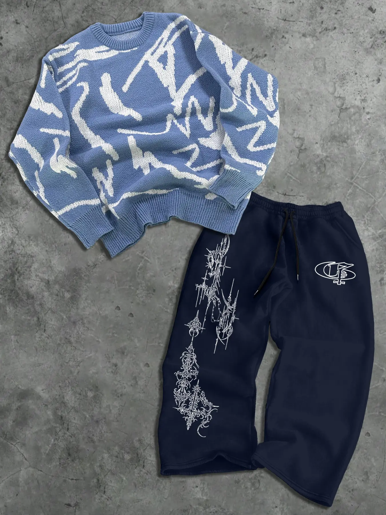 Men's Trendy Set Bottom Graffiti Knit Sweater + Gothic Print Sweatpants, Soft Knit, Skin-Friendly Fabric, Streetwear