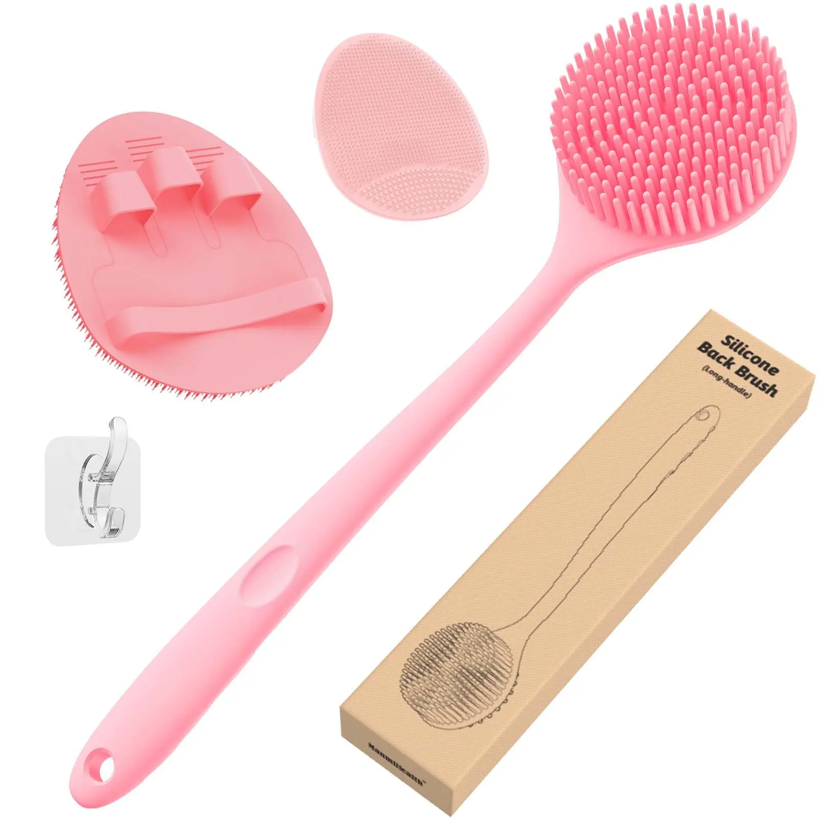 Silicone Back Scrubber (Thick Bristles) & Bath Glove & Brush Set(3PCS), Super-Exfoliating & Lathering Body Scrubber, Shower Brush, Scrubber Combination, with a Free Hook.(Pink)ZAZK134
