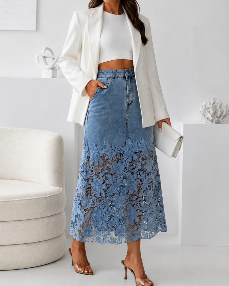 CHICME Women's Guipure Lace Spliced Denim Skirt High Waisted Jean Skirt French-Style Casual Skirt