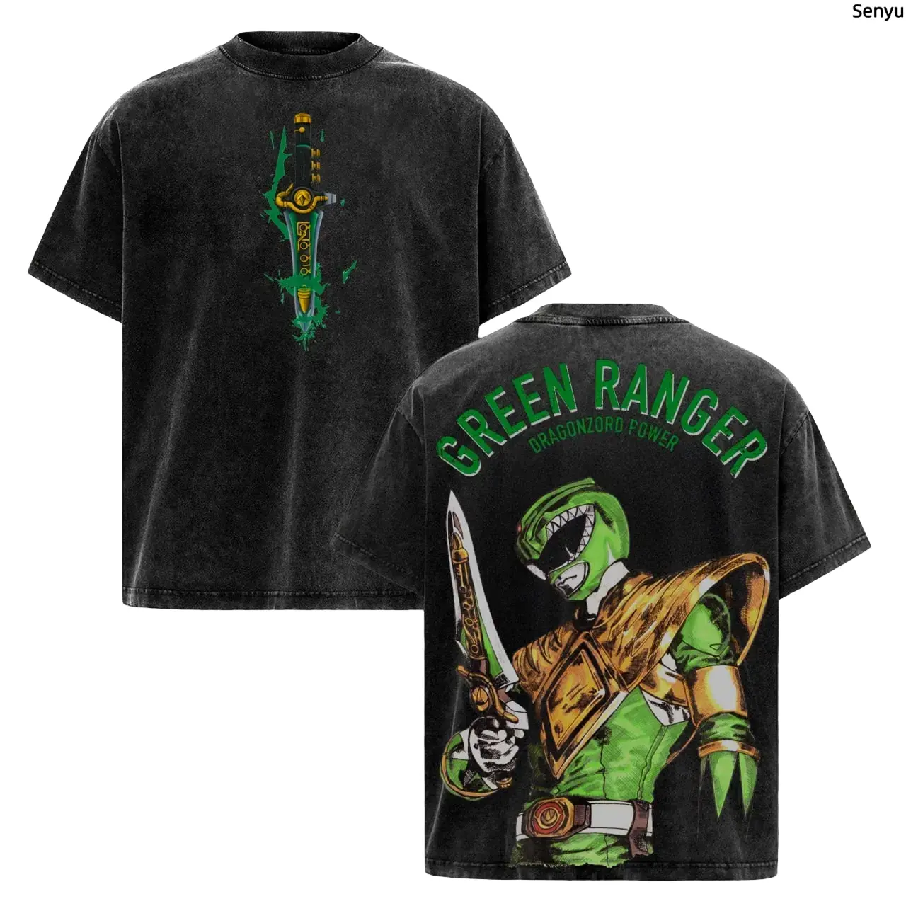 Men's Green Ranger Power Rangers Graphic Print Oversized Cut T-Shirt - Double Printed, Acid Washed, Lightweight Soft Cotton, Seamless Ribs, Round Neck, Short Sleeve, Streetwear Top - Cold Machine Wash Menswear Apparel, All Seasons