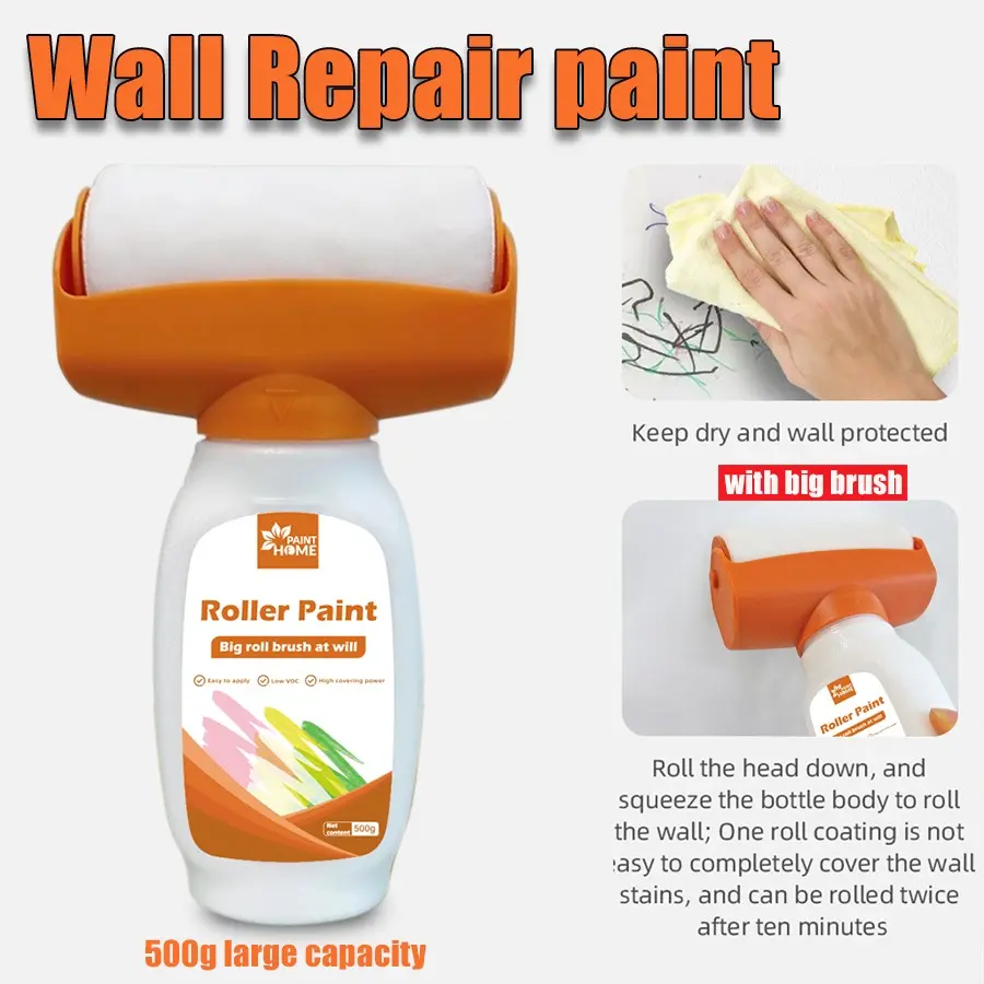 White Wall Repair Roller Paint, Quick-Cover Low Odor Odorless Touch-Up Paint with Roller Brush, Easily Covers Dirt and Graffiti on Interior Living Room and Bathroom Walls