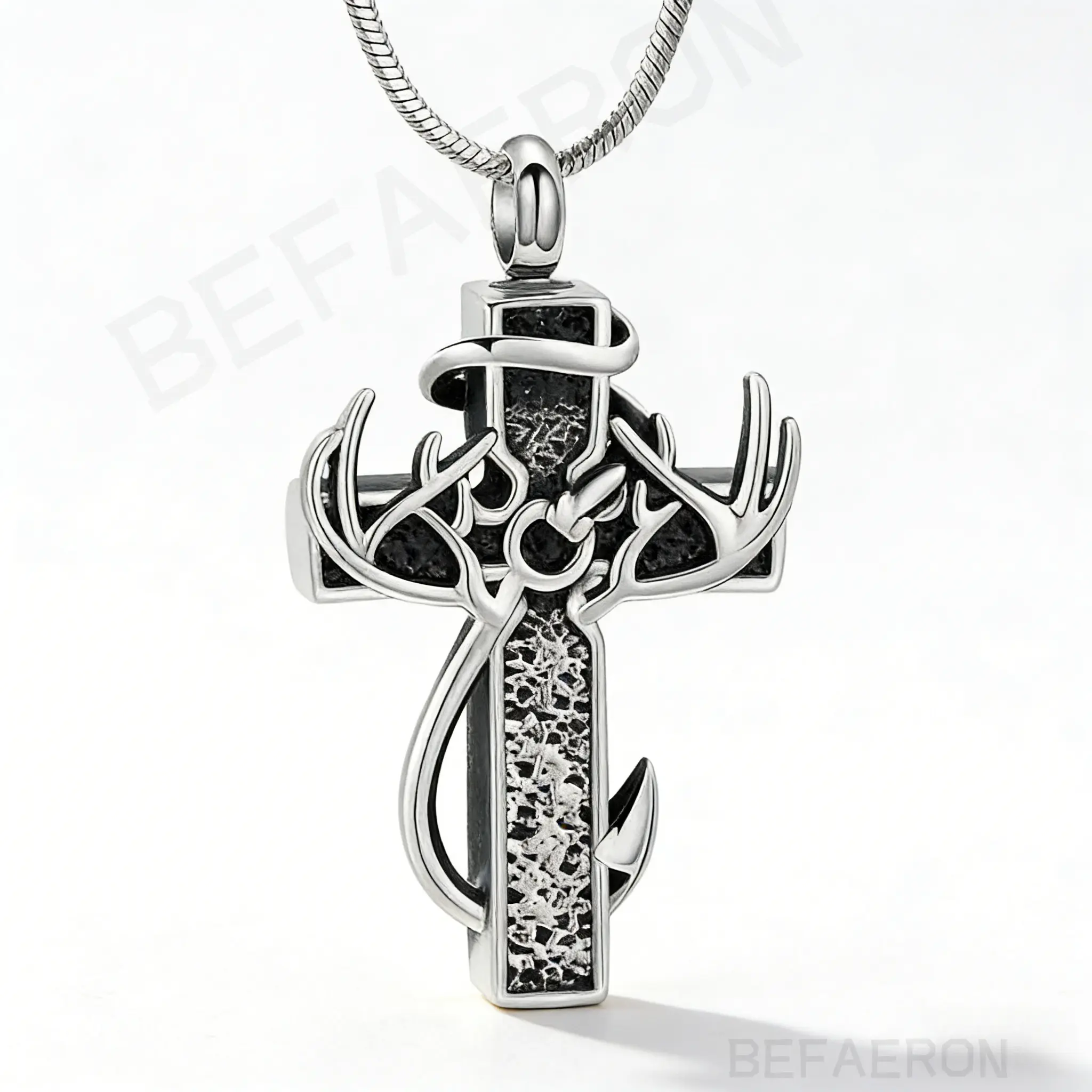 Autumn New Arrival 925 Sterling Silver & Durable Stainless Steel Cross-Antler Necklace for Men, American Style with Antler Detail, Ash-Holding, Faith-Inspired Graphic Biblical Themed Pendant, Personalized Christian Graduation Gift (Men's Accessories), Dur