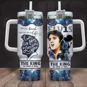 The King Of Rock N'Roll 40oz 30oz Tumbler With Handle, Rock And Roll Tumbler, Guitar And Photo Collage Stainless Steel Cup, Gift for Rock Lover