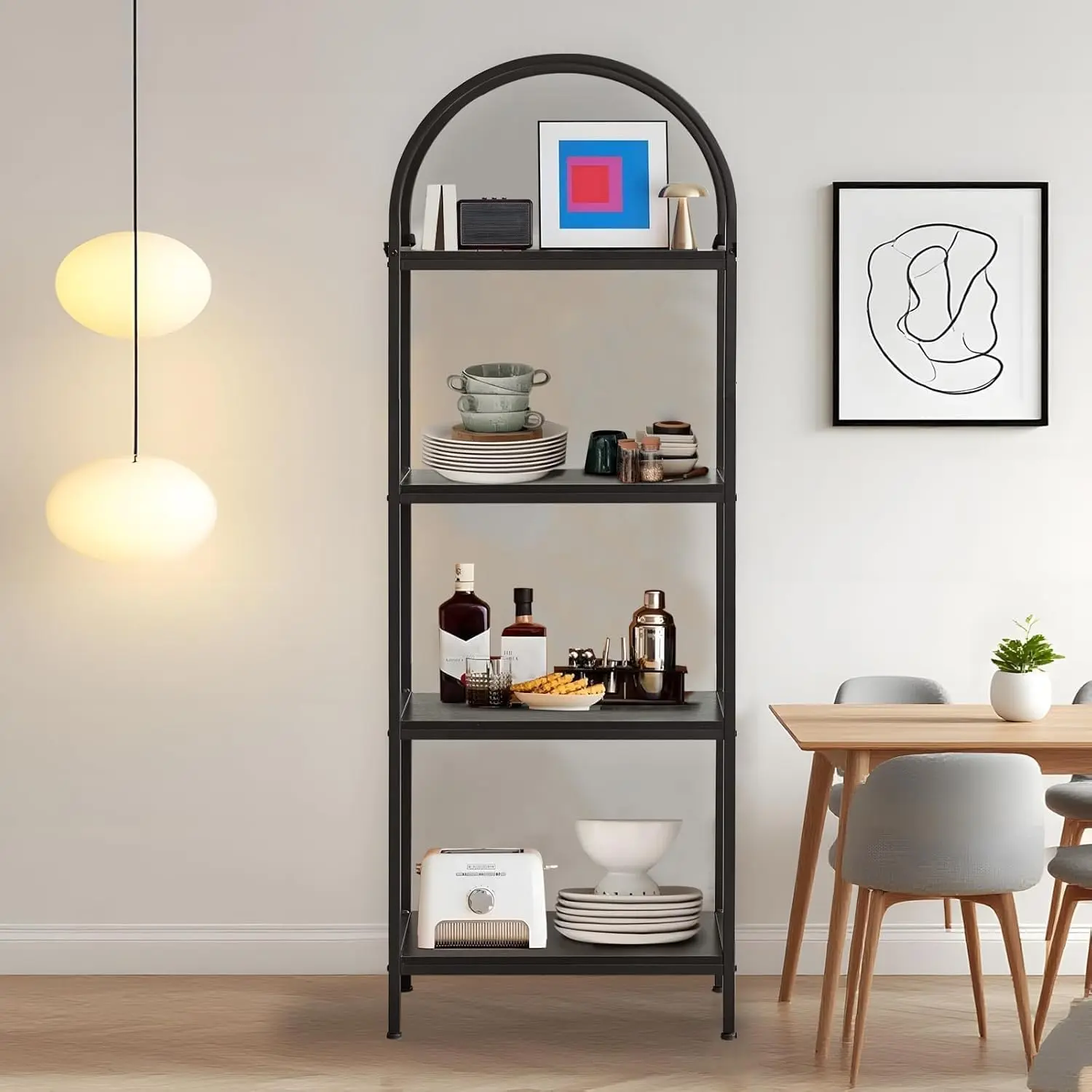 Garvee 4-Tier Bookshelf with Arched Display Racks, Tall Modern Bookcase with Open Storage Display & Metal Frame, Large Wood Storage Shelf for Books & CDs, Bedroom, Living Room, Home Office - Black