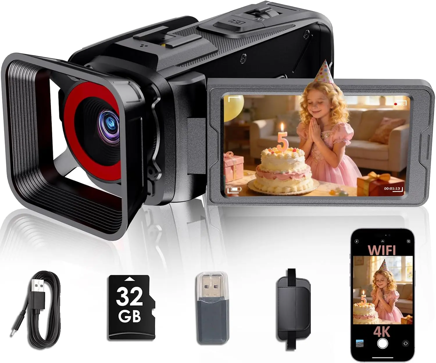4K Video Camera Camcorder, 64MP Video Camera with 3” Flip Screen, 18X Zoom, WiFi, Webcam, 32GB SD Card, 2500mAh Battery