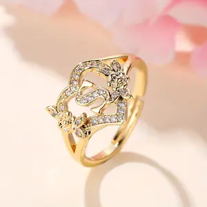 ANGOL Adjustable Cuff Ring for Women - Vintage & Boho Style - Golden-Tone with Floral and Letter Design - Perfect for Weddings and Parties - Gift for Her - Adjustable Jewelry, Boho Adjustable Ring