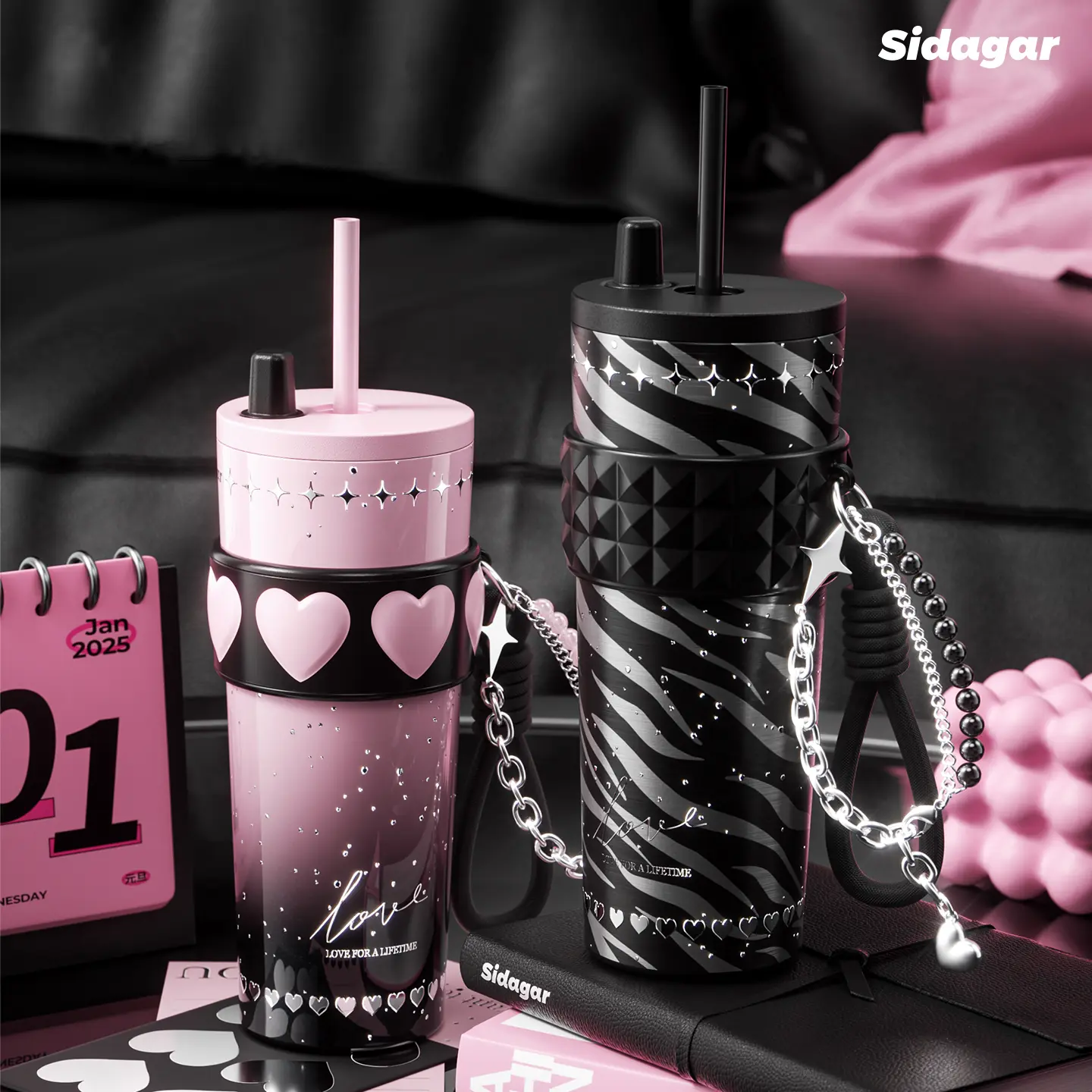 [Sidagar] Water Bottle For Tumbler Cup, Heart Band Drinkware With Bracelet Charm, 316L Stainless Steel with Ceramic-Coated Interior Coffee Cups, Leak-Proof Straw Lid, Portable Flask, Fits Car Cup Holder, Women Gifts Boy Gifts24oz Bottled Insulation