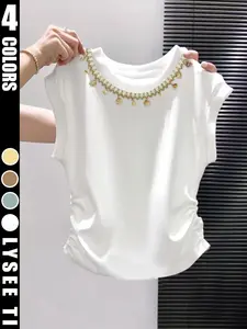 Women's top vest, white shell woven collar, casual and elegant vest