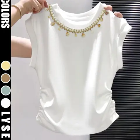 Women's Round Neck White Shell Basic Fitted Solid Sleeveless Vest, Breathable Casual Elegant Minimalist Summer Top