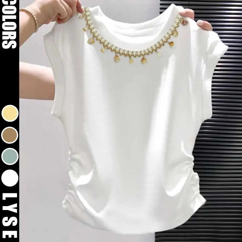 Women's Round Neck White Shell Basic Fitted Solid Sleeveless Vest, Breathable Casual Elegant Minimalist Summer Top