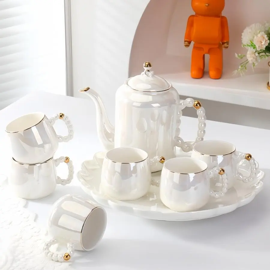 8-Piece Ceramic Water Set, Includes 1.2L Large Jug, 6 Cups, 13in Tray, Pearl Tea Set, Tea Pot Set, Perfect Gift for Parents, Friends, Relatives, Ceramic Matcha Set, Tea Party Set, Teapot Set