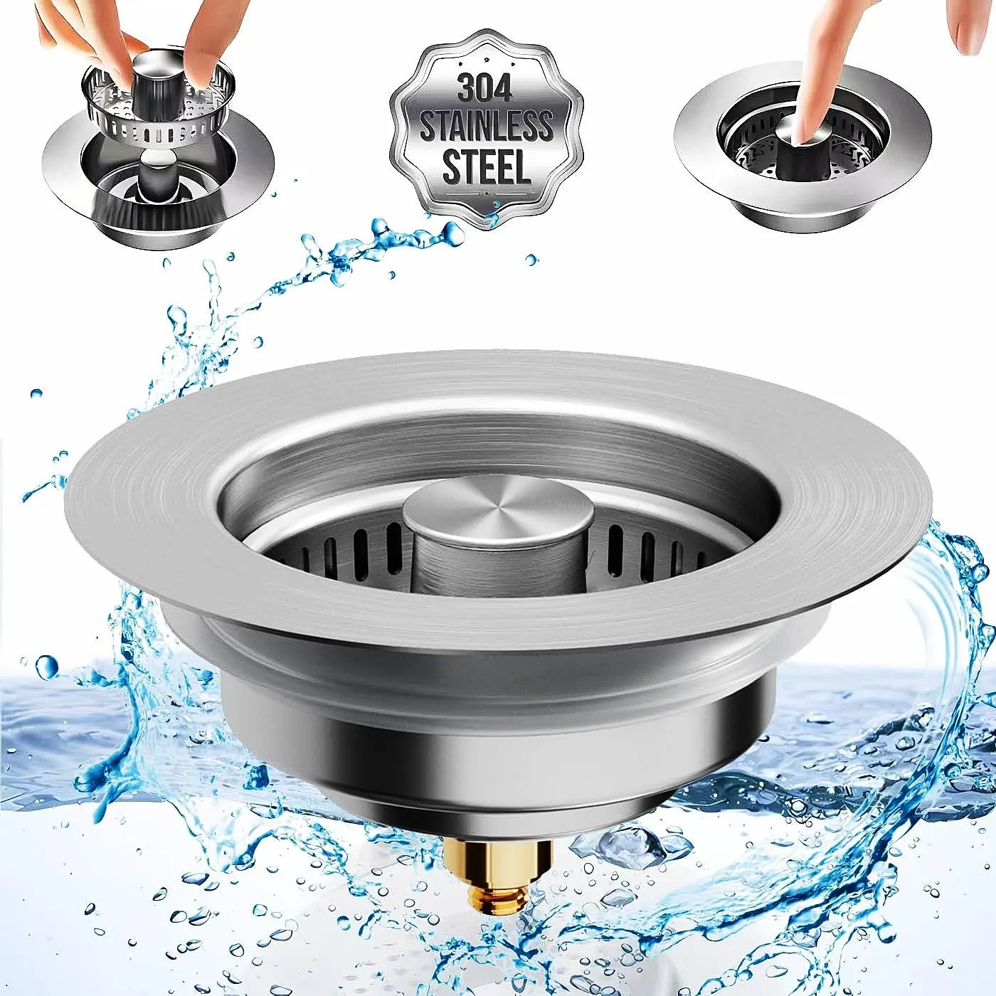 3-in-1 Stainless Steel Kitchen Sink Stopper Combo with Brass Handle Rod, Removable Rubber Pop-Up Drain Strainer, Food Scrap Filter Body, Modern Gasket for 3-1/2 in US Standard Drains, Anti-Clog Fast Water Flow Design for Daily Use